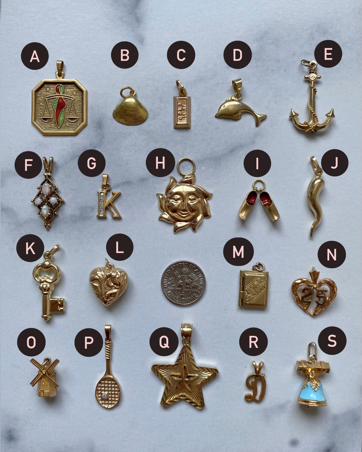 Small gold pendants and charms