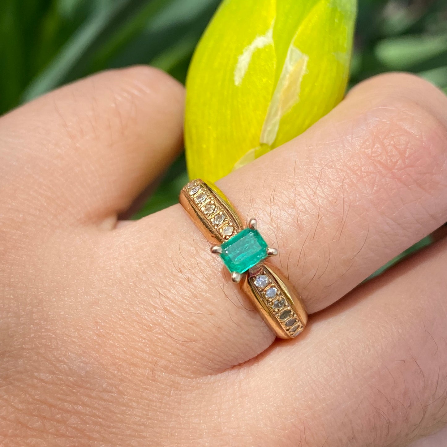 Emerald and diamond band ring