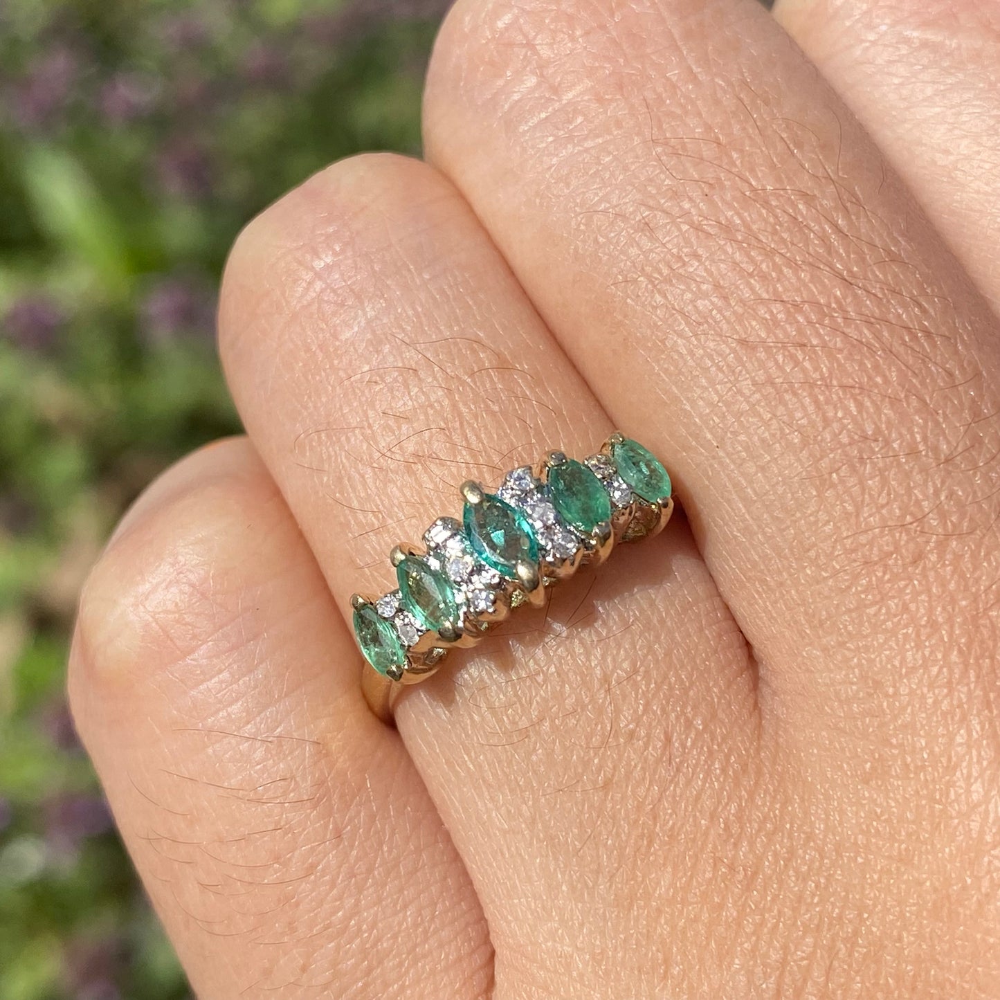 Emerald and diamond five stone ring