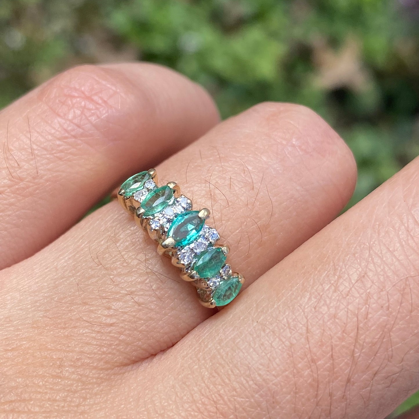 Emerald and diamond five stone ring