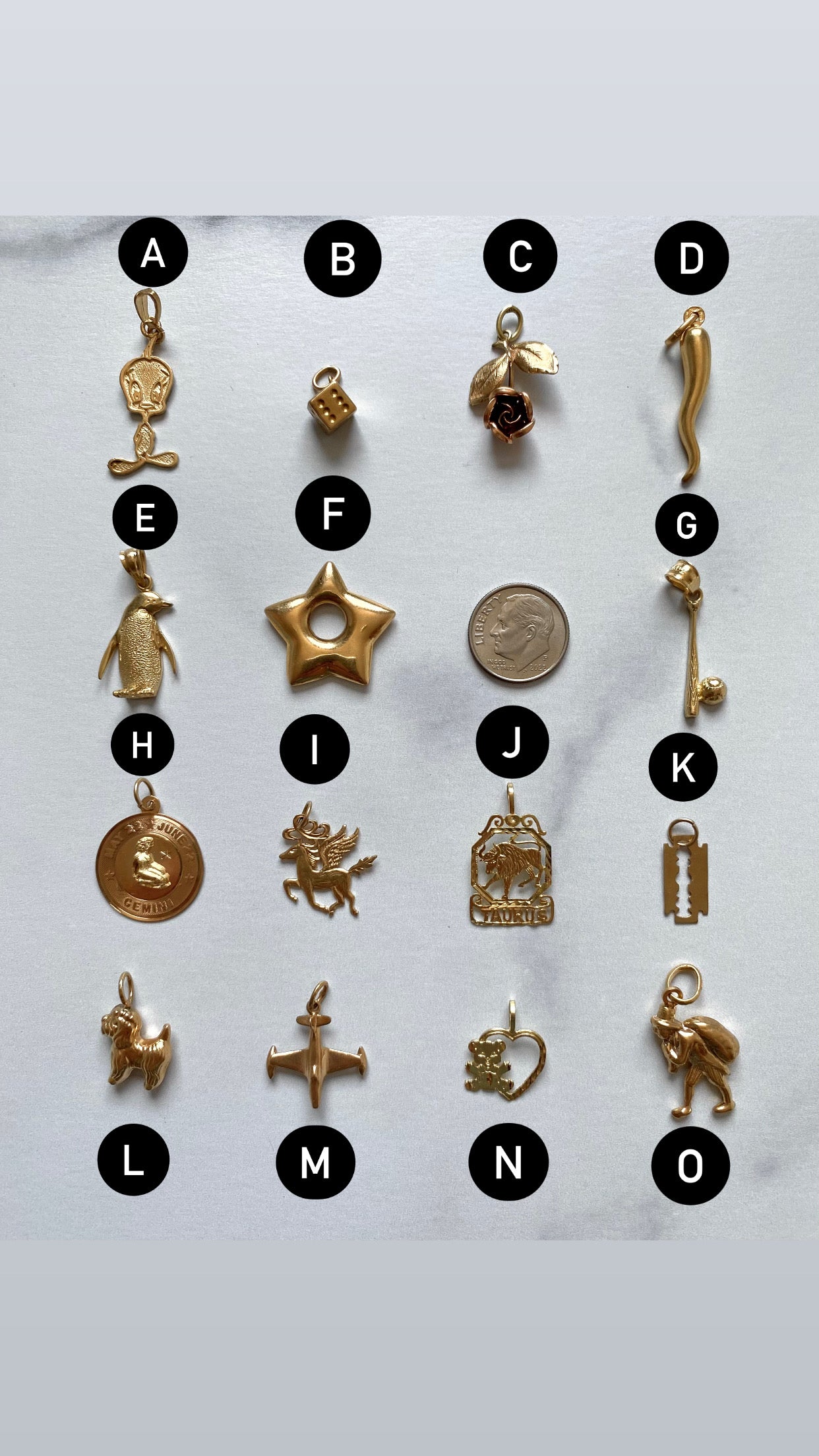 Small gold pendants and charms