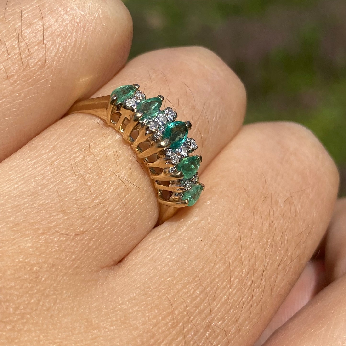 Emerald and diamond five stone ring