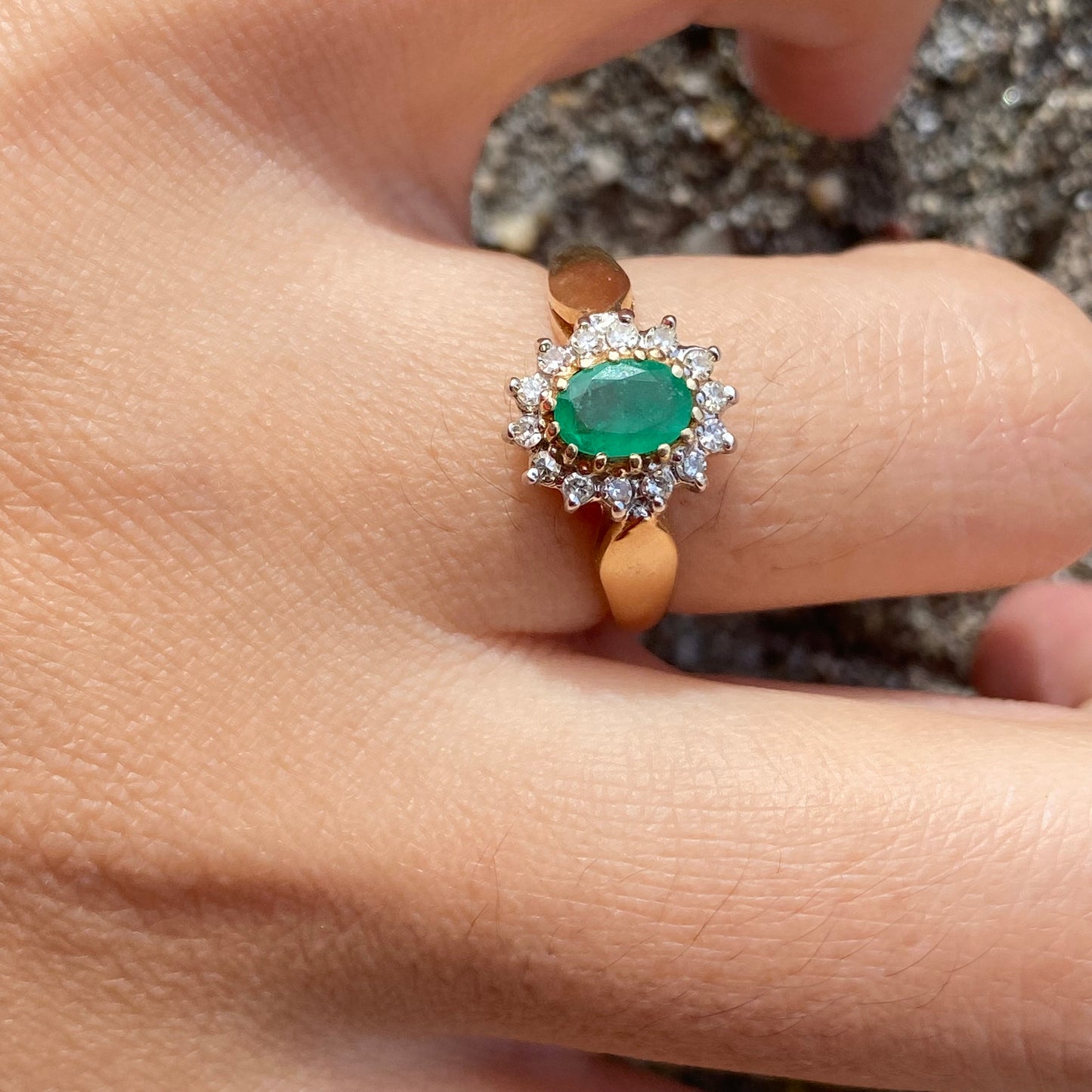 Emerald and diamond cluster ring